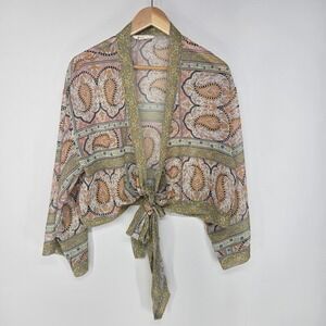 Anthropologie Paisley Tie Front Kimono Wrap Top Sheer Boho Yellow Pink OS